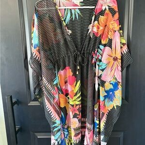 Bleu Rod Beattie Black and Pink Kimono Sleeve Swim Coverup